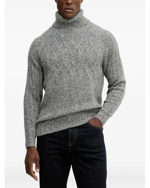 Guess Gray Roll-Neck Cable-Knit Sweater for men