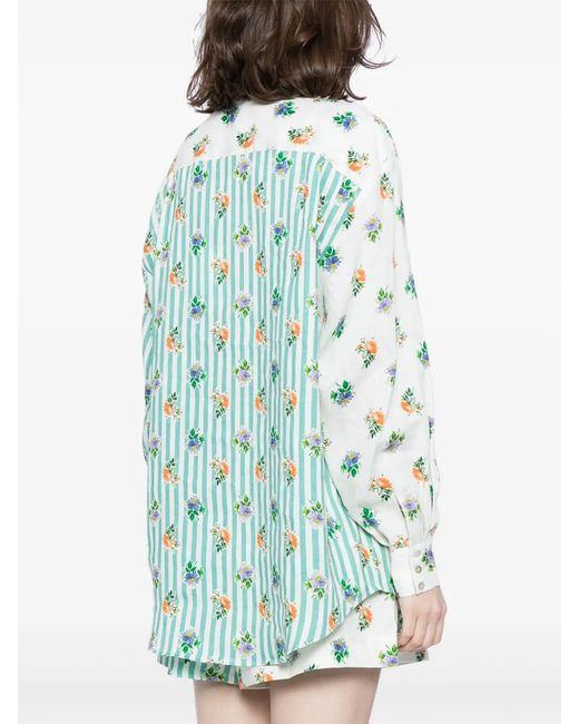 ALÉMAIS Green Floral-Print Striped Linen Shirt