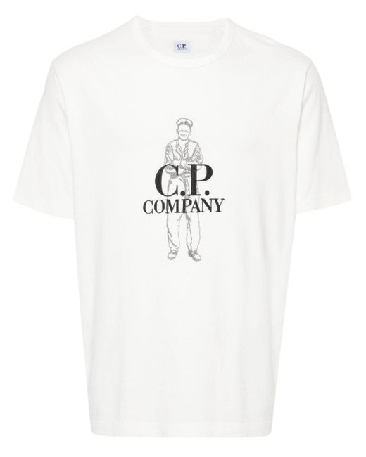C P Company White Logo-embroidered Cotton T-shirt for men