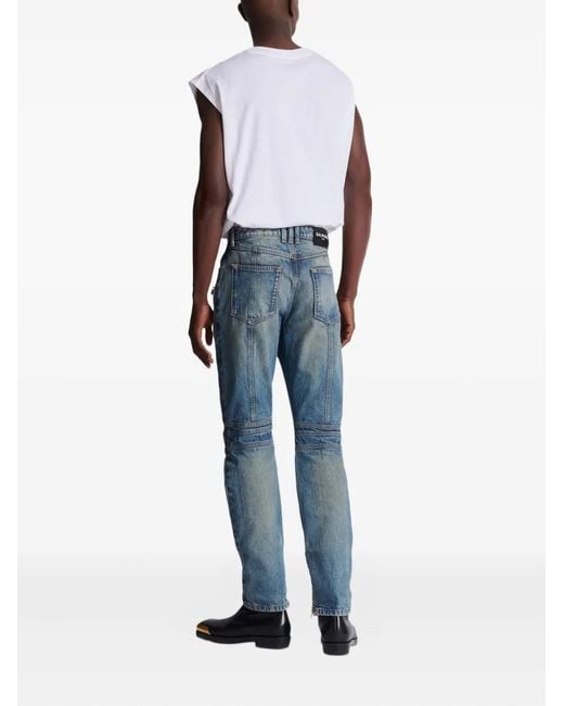 Balmain Blue Biker Zip-Pocket Cotton Jeans for men