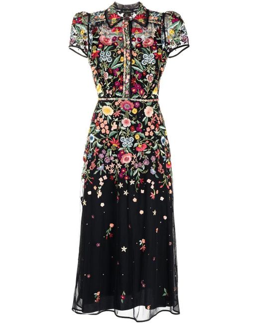 Jenny Packham Black Petuwia Floral Embroidery Midi Dress