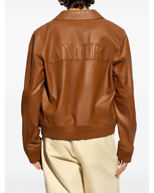 Amiri Brown Logo-embossed Leather Jacket for men