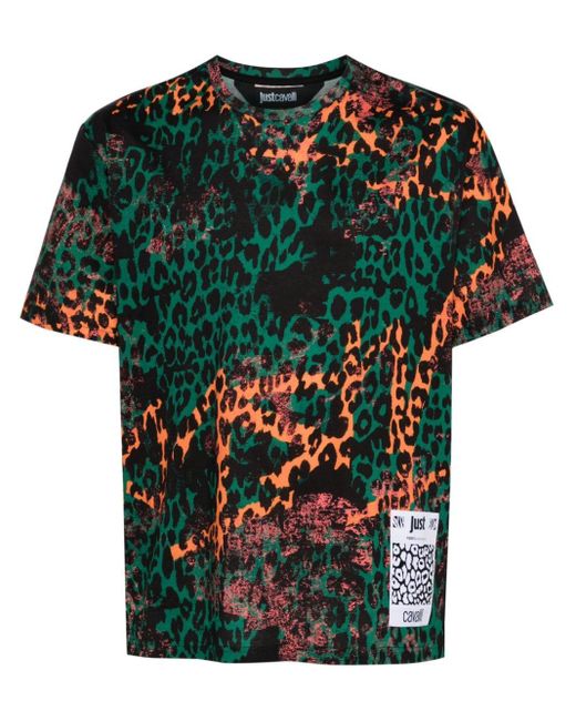 Just Cavalli Green Animal-print Cotton T-shirt for men