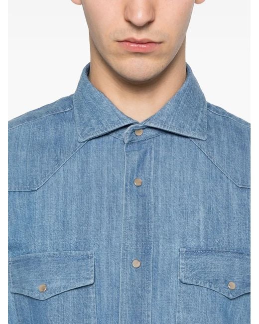 Mazzarelli Blue Western-Yoke Chest-Pocket Shirt for men
