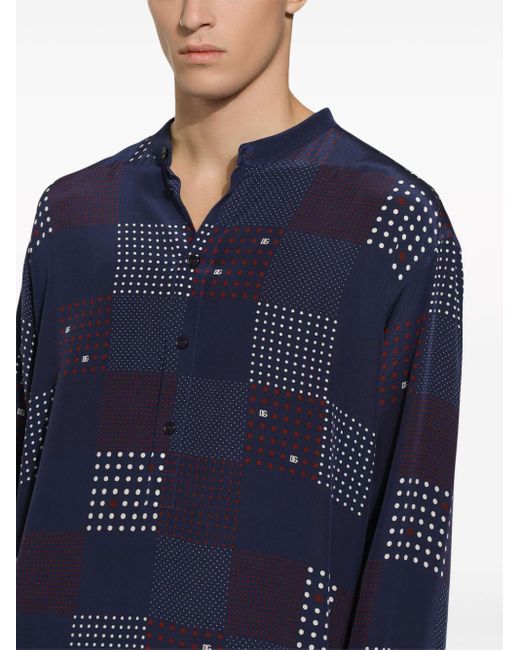 Dolce & Gabbana Blue Geometric-print Silk Shirt for men