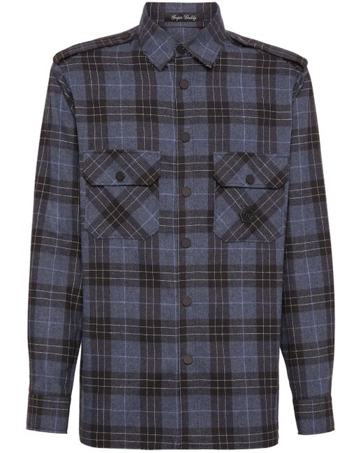 Philipp Plein Blue Skull&Bones-Print Cotton Shirt for men