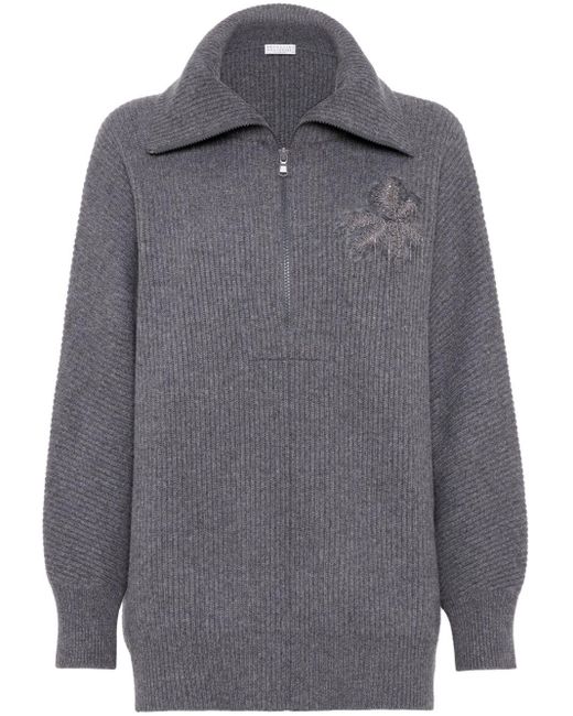 Brunello Cucinelli Gray Monili-Chain Cashmere Jumper