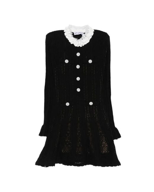 Self-Portrait Black Flower-Button Lace-Collar Mini Dress