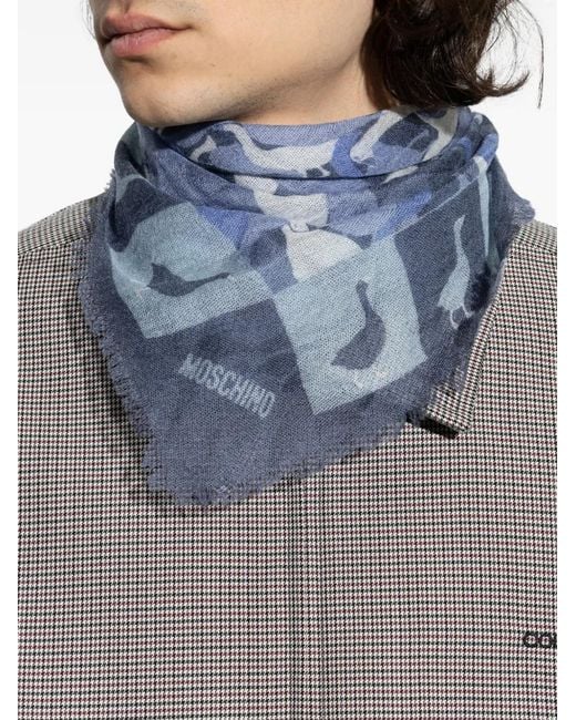 Moschino Blue Duck-Print Frayed-Trim Cashmere Scarf