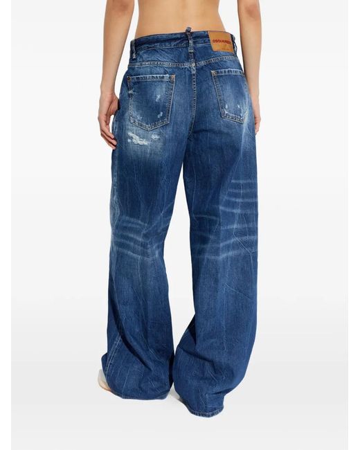 DSquared² Blue Distressed-Detail Wide-Leg Jeans