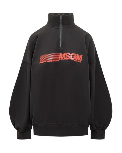 MSGM Black Sweatshirt With Zip And Logo