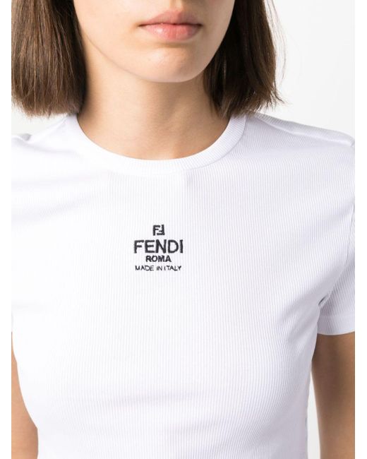 Fendi White Embroidered Cotton Crewneck Top