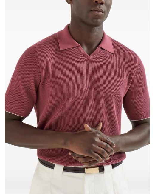 Brunello Cucinelli Red Cotton English Rib Knit Polo for men