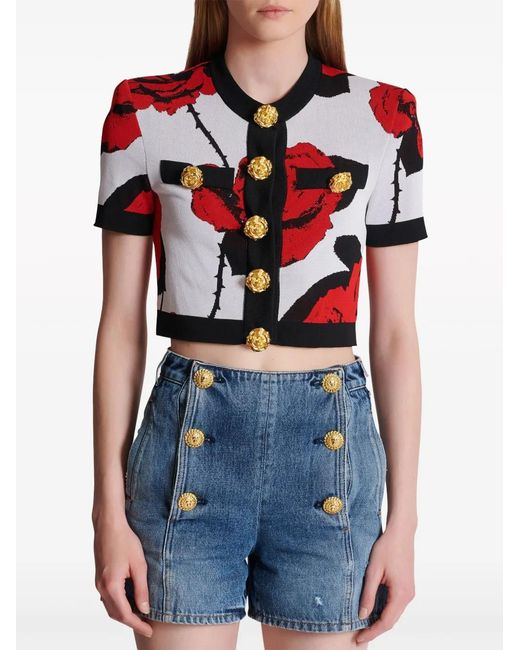 Balmain Red Cardigan With Rose Motif