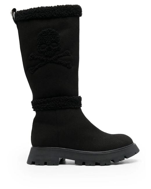 Philipp Plein Black Skull Bones Mid-Calf Boots