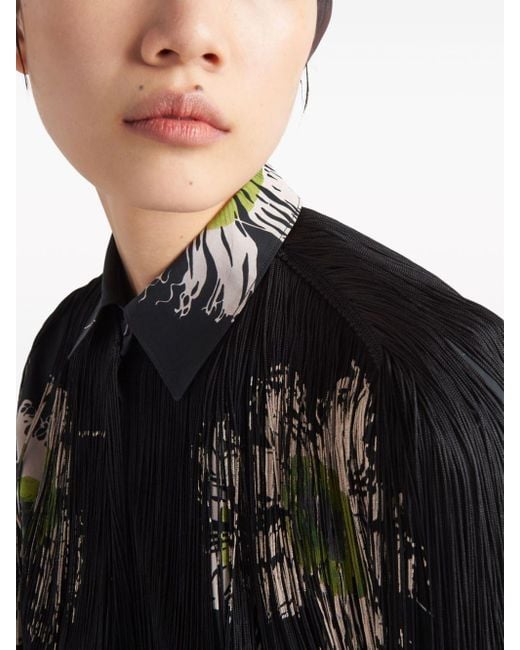 Prada Black Floral-print Fringed Shirt