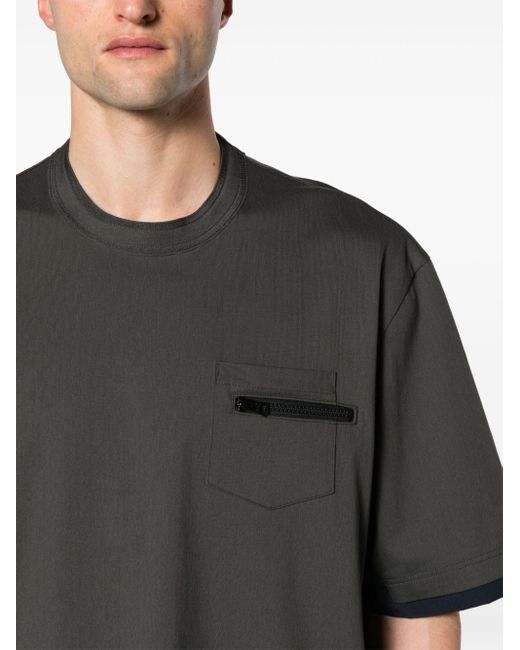 Sacai Green Panelled Crew-neck Cotton T-shirt for men