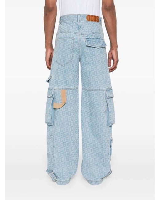 Gcds Blue Cargo Jeans With Logo Print for men