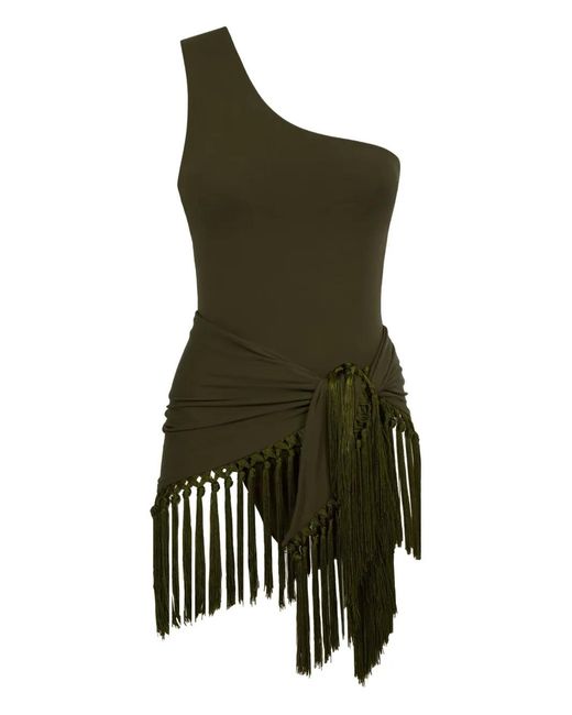 ‎Taller Marmo Green Yacare One-Shoulder Fringed Swimsuit