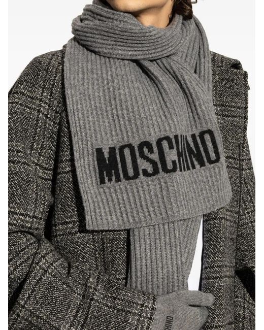 Moschino Gray Intarsia Knit Logo Ribbed Scarf