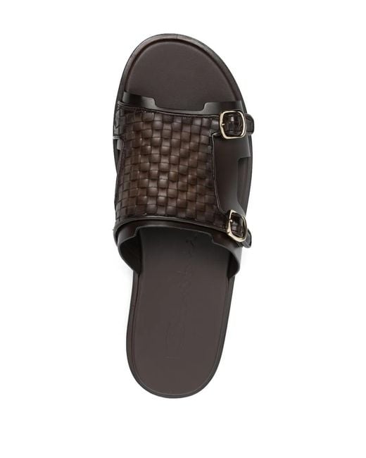 Santoni Black Interwoven-Strap Flat Leather Sandals for men