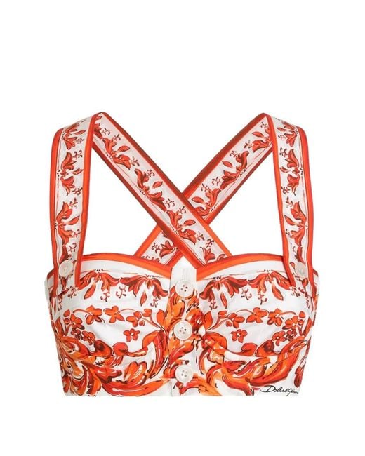 Dolce & Gabbana Red Majolica-Print Poplin Bustier Top