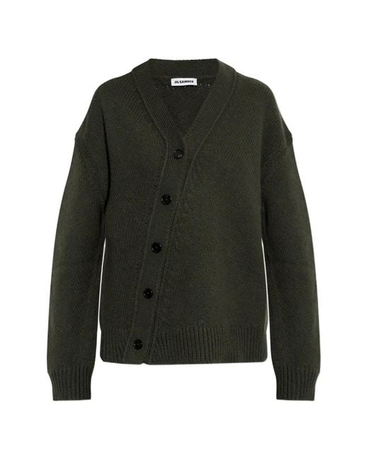 Jil Sander Green V-Neck Ribbed-Trim Cardigan