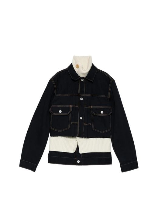 Sacai Black Layered Frayed-Hem Denim Jacket