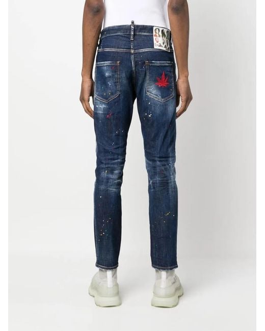 DSquared² Blue Paint-Splatter Slim-Cut Jeans for men