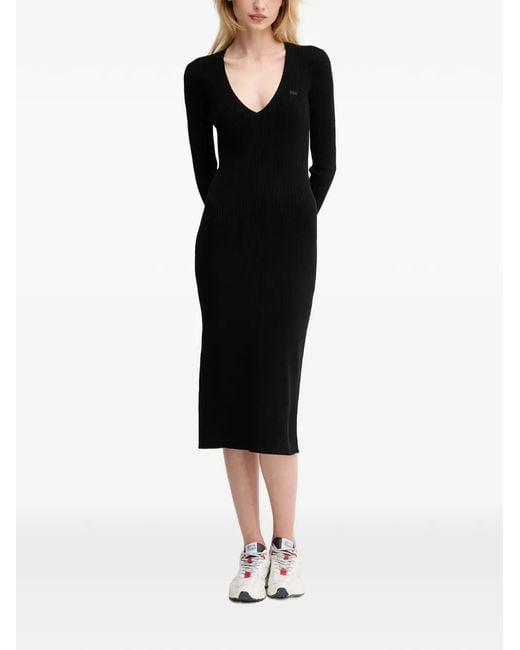 Lacoste Black V-Neck Ribbed Midi Dress