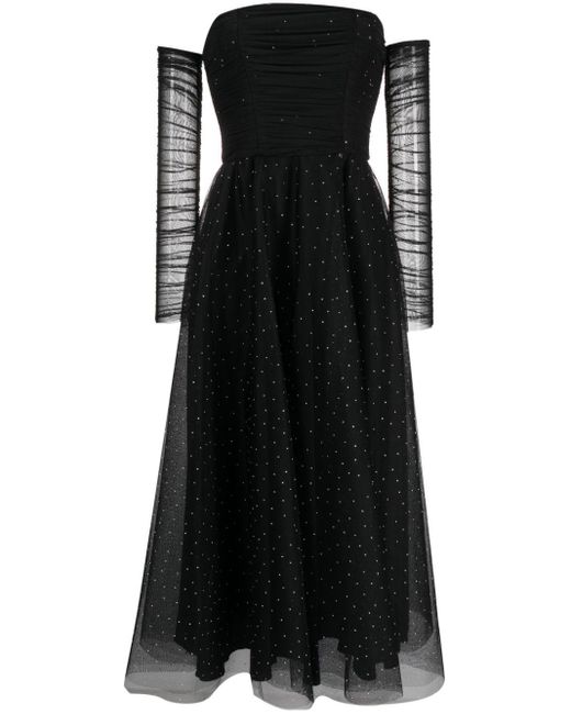 Nissa Black Crystal-embellished Off-shoulder Dress