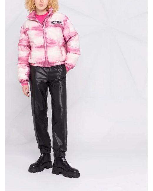 Moschino Pink Brushstroke-Print Puffer Jacket
