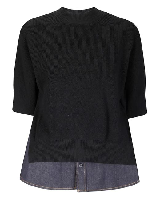 Sacai Black Denim-Panel Knit Top