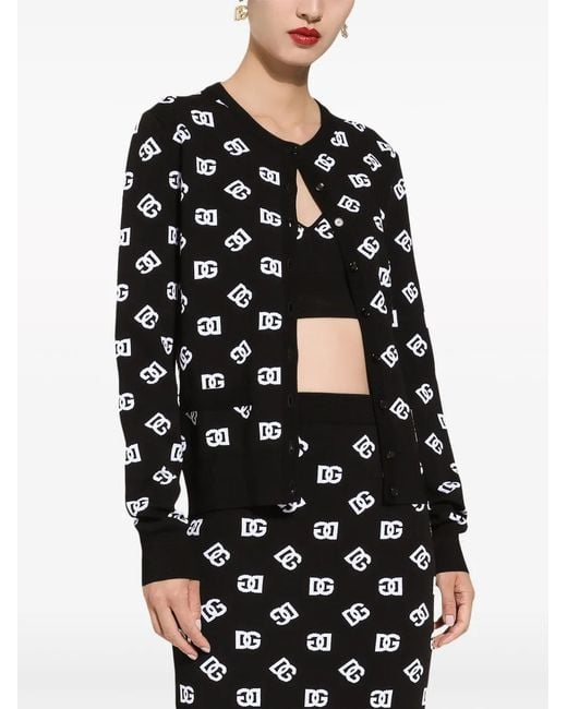 Dolce & Gabbana Black Viscose Cardigan With Jacquard Dg Logo