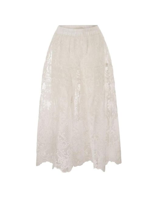 Maurizio Mykonos White Embroidered Lace-Construction Midi Skirt