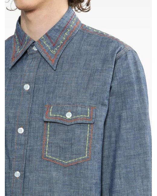 Needles Blue Contrast-Stitching Denim Shirt for men