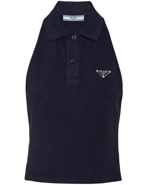 Prada Blue Enamel-Logo Sleeveless Polo Top