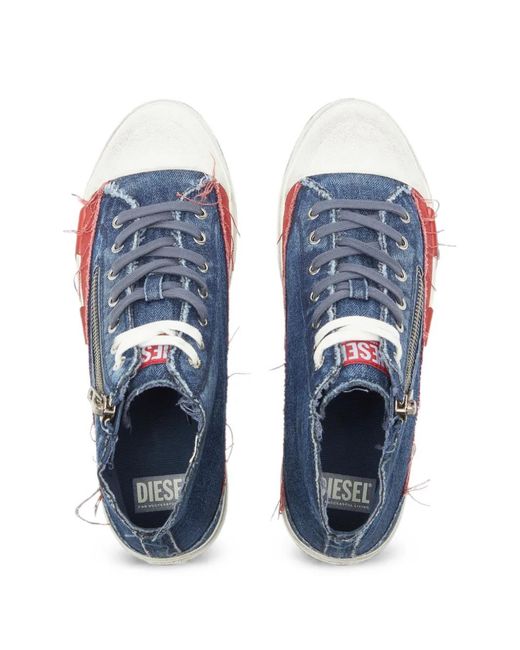 DIESEL Blue Frayed Denim High-Top Sneakers for men