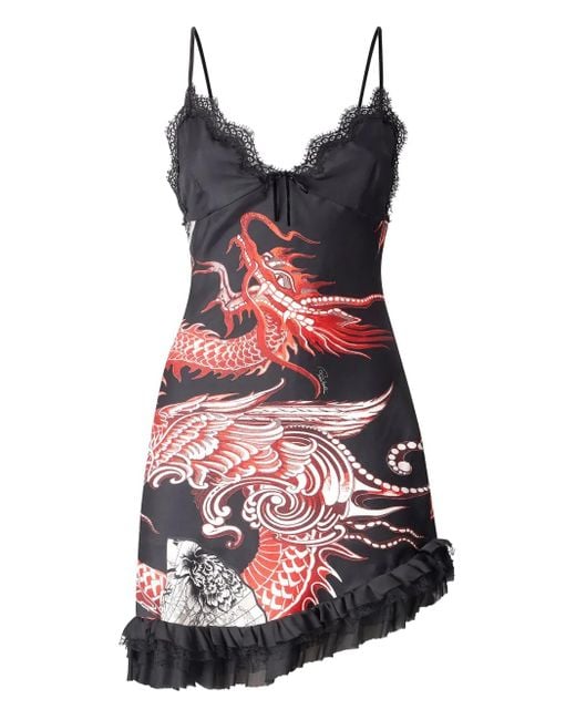Roberto Cavalli Red Gerüschtes Minikleid Mit Drachen-Print