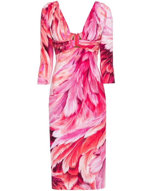 Vestido estampado de plumas con escote en v Roberto Cavalli de color Pink