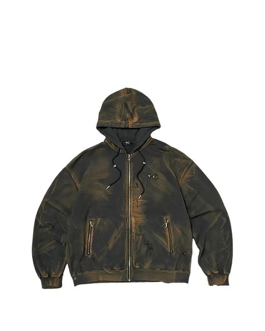 THUG CLUB Green Distressed Zip-Fastening Hoodie for men