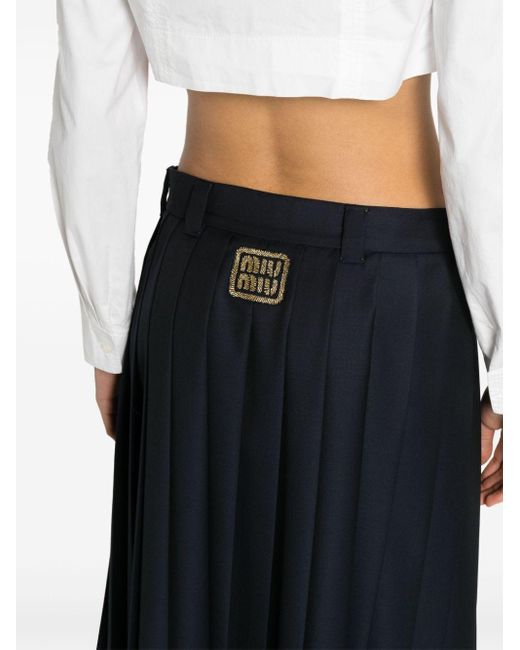 Miu Miu Black Embroidered-logo Pleat Wool Skirt