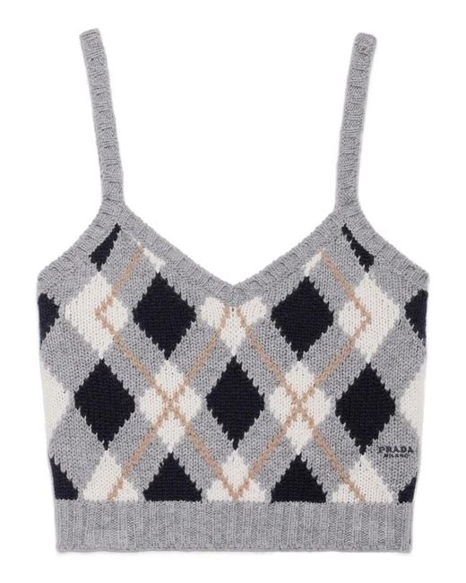 Prada Black Argyle-Pattern Ribbed Top