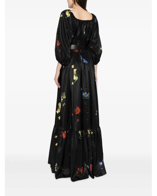 Elie Saab フローラル サテンマキシドレス Black