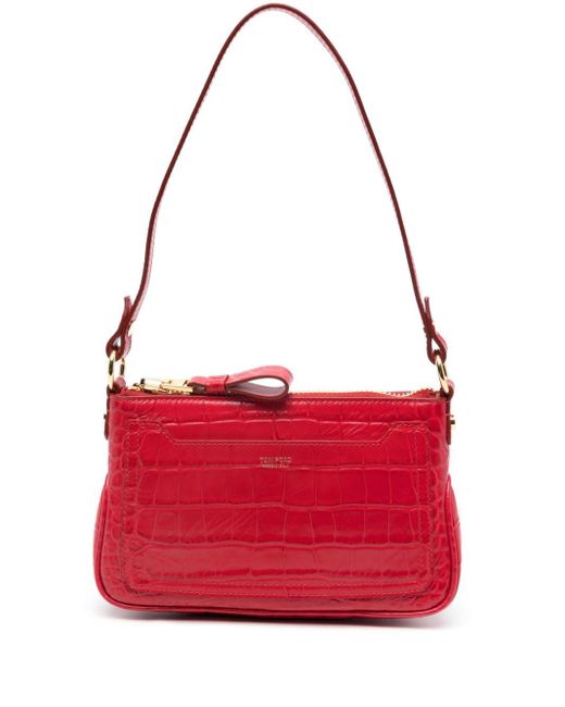 Neon-red Crocodile Embossed Baguette Bag