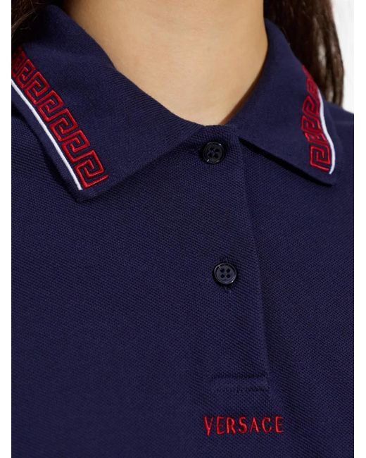 Versace Blue Embroidered-Logo Cotton Piqué Polo Mini Dress