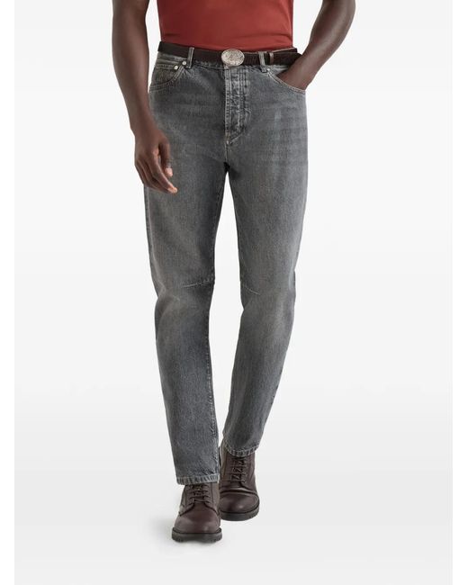 Brunello Cucinelli Gray Greyscale Denim Leisure-Fit Five-Pocket Trousers for men