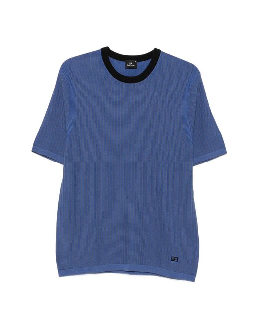 Paul Smith Blue Ribbed-Knit Cotton T-Shirt for men