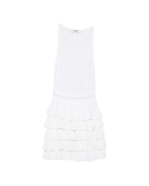 Antonino Valenti White Pointelle-Knit Ruffled Mini Dress