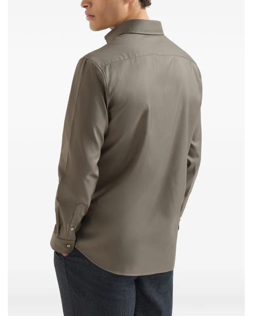 Brunello Cucinelli Gray Garment-Dyed Twill Shirt With Spread Collar for men